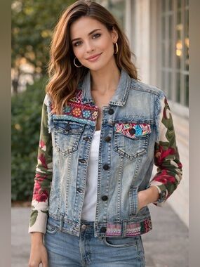 Desigual Embellished Light Wash Denim Jacket with Floral Knit Sleeves